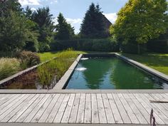 an empty pool in the middle of a wooden decked area surrounded by grass and trees