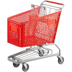 a red shopping cart with wheels on a white background