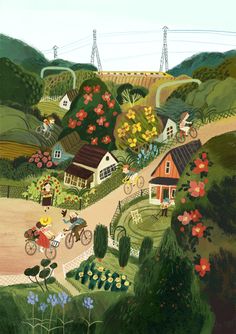 a painting of people riding bicycles on a country road with houses and flowers in the background