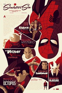 the amazing spider - man movie poster is shown in red and black, as well as other