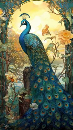 a painting of a peacock sitting on top of a tree stump