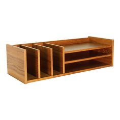 a wooden shelf with three compartments on each side