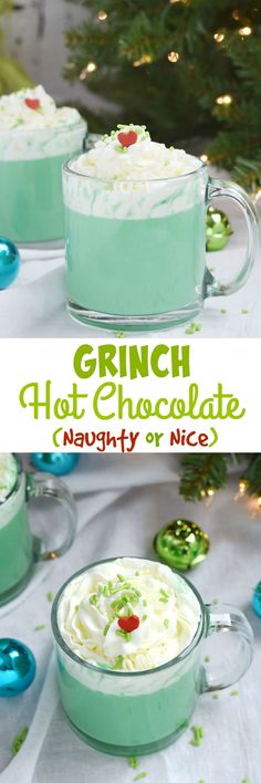 two glasses filled with green hot chocolate pudding on top of a table next to a christmas tree