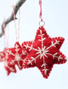 two red ornaments hanging from a branch on a white background with snowflakes in the shape of stars