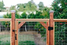 a wooden fence with metal posts and gated in area behind it is an apple tree