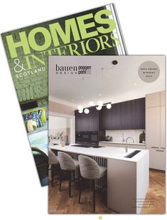 two magazine covers with kitchen and living areas in the middle one is for homes & interiors