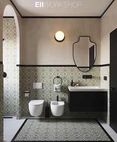 a bathroom with two toilets and a sink in the middle, surrounded by tiled walls