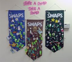 three ties hanging on a wall with words saying, leave a swap take a swag