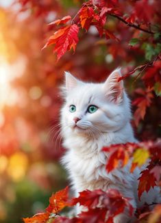 a white cat with blue eyes is sitting among red leaves in the sunbeams