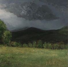 an oil painting of storm clouds over a mountain range in the distance with trees and grass