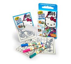 the hello kitty coloring and activity set is in its box with markers, pens and markers