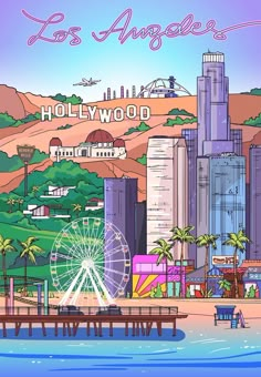 the los angeles skyline with ferris wheel and palm trees