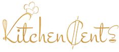 the word kitchen cents written in gold ink with a chef's hat on top