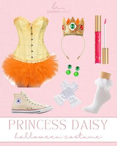 the princess daisy costume is shown with shoes, socks and accessories for her to wear