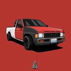 a red and white pick up truck on a red background