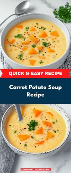 two bowls filled with carrot potato soup on top of a table