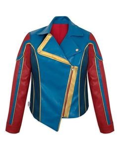 a blue and red leather jacket with gold trimmings on the shoulders, two tone sleeves