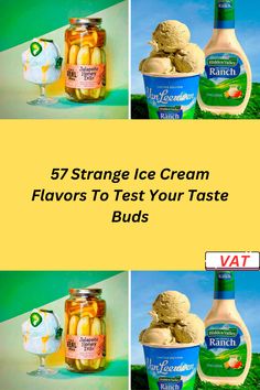 five different images of ice cream flavors with the words 75 strange ice cream flavors to test your taste buds