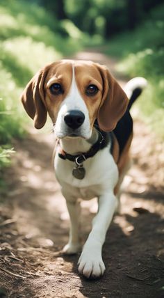 a brown and white dog standing on top of a dirt road