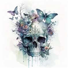 a skull with flowers and butterflies on it's head, painted in watercolor