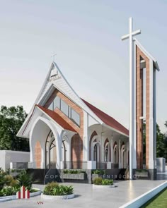 the front view of a large church with a cross on it