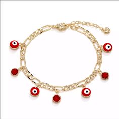 Material 14k Gold Plated. Red Evil Eye Bracelet /Clasp Type Lobster Dainty Red Dangle Jewelry, Dainty Red Round Jewelry, Red Bracelet Jewelry For Gifts, Red Bracelet Jewelry Gift, Gift Red 14k Gold Bracelet, Red Bracelet With Adjustable Chain As Gift, Red Bracelet With Adjustable Chain For Gift, Red Jubilee Bracelet Jewelry Gift, Red Dangle Charm Bracelet As Gift