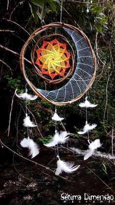 a wind chime hanging from a tree next to a river with white feathers floating in it