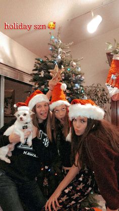 three women in santa hats pose for a photo with a dog and christmas tree behind them