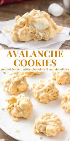 cookies with white chocolate and marshmallows are on a plate next to the words, avalanche cookies