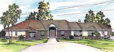 this is an artist's rendering of the front elevation of these ranch house plans