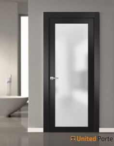 an empty bathroom with a white sink and black framed glass door in the middle of it