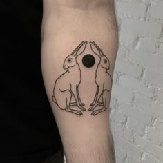 a couple of rabbits sitting next to each other on a man's right arm