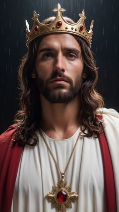 a man wearing a crown and holding a cross