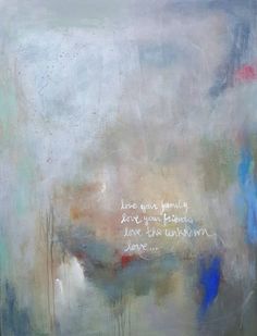 an abstract painting with words written in white and blue on the bottom right hand corner