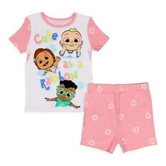 Inspired by the educational series are these CoComelon pajamas. CoComelon is a preschool educational show centered around a young boy named JJ. He and his pals go on educational adventures, learning and growing along the way. This 2PC pajama set features a raglan style short sleeve shirt with a "Cute As A Rainbow" design, with shorts that have an allover watermelon television print. These pajamas are perfect for your little one to snuggle up and watch their favorite streaming show or get ready f Learning And Growing, Halloween Pajamas, Pink Pajamas, Cute Rainbow, Toddler Halloween, Boys Pajamas, Rainbow Design, Kids Outfits Girls, Girls Pajamas