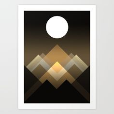 an abstract image of mountains with a moon in the sky