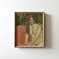 a painting is hanging on the wall next to a white wall with a wooden frame