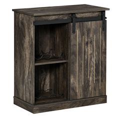 an old wooden cabinet with metal handles and bars on the doors, isolated against a white background