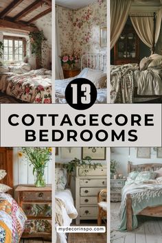 collage of cottage bedroom designs with text overlay