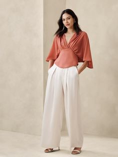 Open-Back Blouse | Banana Republic Factory Flowy V-neck Top For Work, Versatile V-neck Viscose Blouse, Elegant V-neck Blouse For Summer, Elegant V-neck Blouse For Brunch, Elegant Blouse With Draped Sleeves, Elegant Formal Tops With Draped Sleeves, Elegant White V-neck Top For Work, Chic Blouse With Draped Sleeves For Work, Formal Blouse With Draped Sleeves For Spring