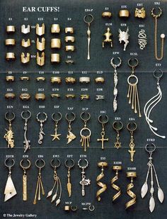 an assortment of earrings and necklaces displayed on a black background with the words ear cuffs