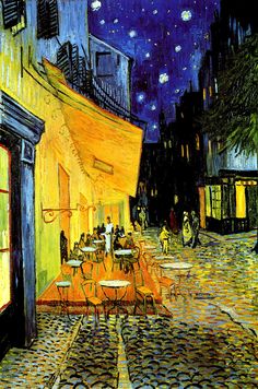 a painting of people sitting at tables in an outdoor cafe under the starry night sky