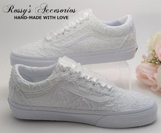 "Beautiful and Romantic wedding sneaker are a perfect accessories for your Special day..These Wedding White Authentic Vans  OLD SKOOL Sneakers , are embellished with White Lace fabric . White Satin Ribbon shoe lace for tying ... Lace is available in white and Ivory . Handmade to order, so please allow me enough time before your wedding date. Orders are processed and shipped within 6-7 WEEKS of payment., large orders may take longer ..Please allow an additional 2-5 days. Domestic Shipping will ta Ethereal Essence, White Lace Fabric