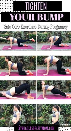 a woman doing yoga poses with the words tighten your bump