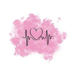 the word love is written in black ink on a pink background with a heart and heartbeat