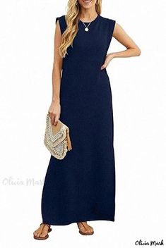 Olivia Mark - Womens Casual Loose Fit Split Hem Wrinkle-Resistant Beach Maxi Dress with Round Neck Beach Maxi Dress, Enjoy Summer, Stay Fresh, Patchwork Dress, Womens Casual, Sleeveless Maxi Dress, Long Maxi, Side Split, Casual Elegance