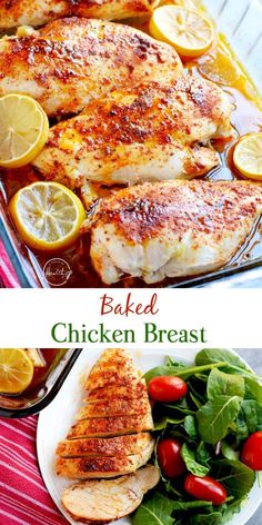 baked chicken breast on a plate with salad and lemons