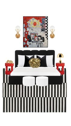 a bed with black and white stripes, gold accents and a painting on the wall