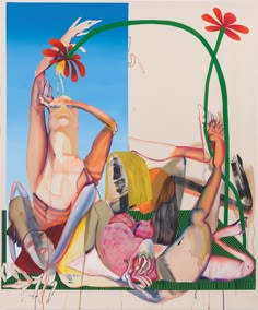 a painting with two women laying on the ground next to each other and one has a flower in her hair