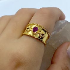 Byzantine Silver Ring - 22k Gold Plated Byzantine Silver - Vintage Greek Jewelry - Etruscan Ring - Sterling Silver Statement Ring Gemstone *100% naturel gemstone *925 sterling silver *22k GOLD PLATED *gemstone: ruby *stone shape: oval *stones ruby oval: 1 pcs. *ruby *byzantine Luxury Gold Byzantine Style Ruby Ring, Luxury Byzantine Style Ruby Ring Gift, Luxury Byzantine Style Sterling Silver Jewelry, Gold Ruby Rings With Intricate Design, Luxury Gold Ruby Ring Birthstone, Fine Jewelry Gold Ruby Ring With Intricate Design, Gold Ruby Ring With Intricate Design, Luxury Gold Ruby Ring With Intricate Design, Gold Byzantine Ruby Ring With Gemstone